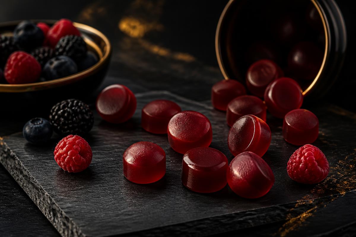 Deep red berry Gold Standard male performance gummies on dark slate