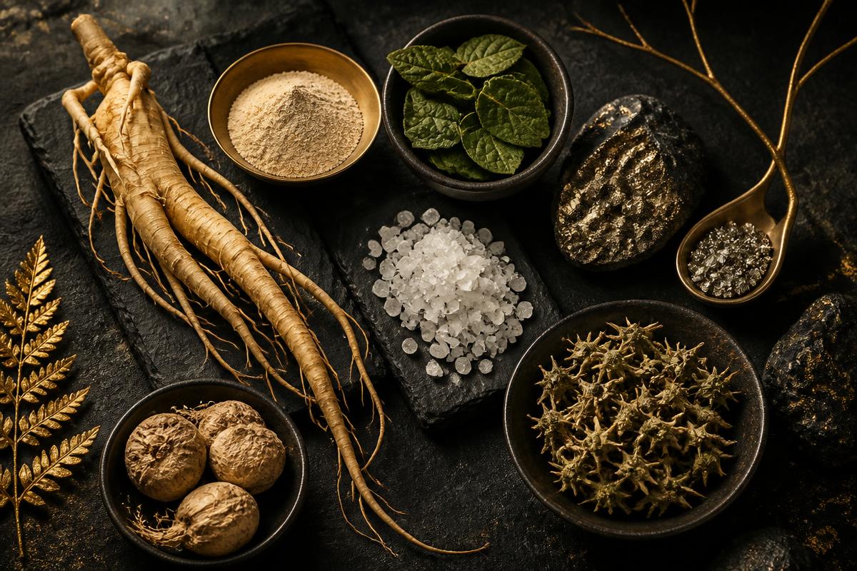 Ginseng, maca, horny goat weed, tribulus and zinc ingredients on dark stone